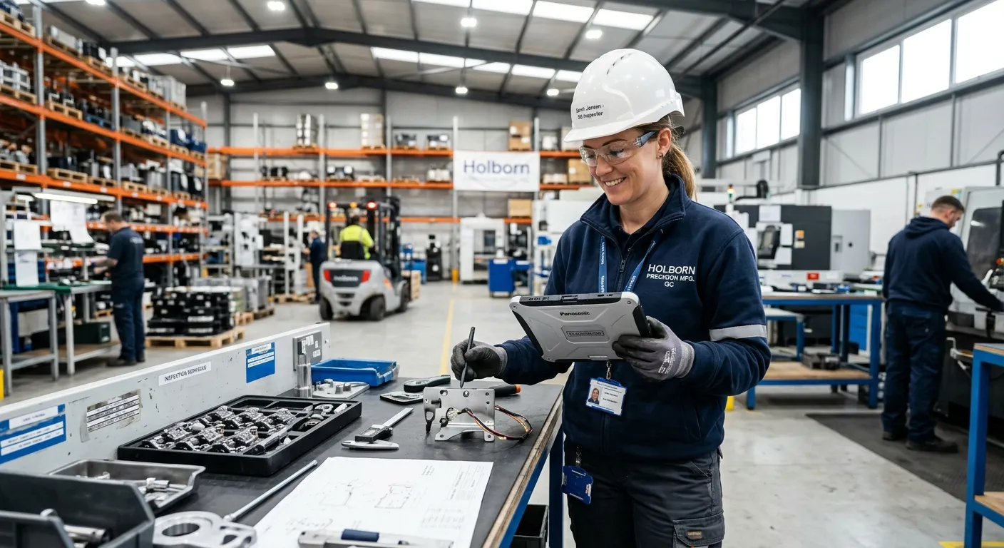 A professional, confident Quality Control Inspector in a modern warehouse or manufacturing environme... A professional, confident Quality Control Inspector in a modern warehouse or manufacturing environment in Holborn, wearing safety gear and using a digital tablet to inspect components. Style is bright, realistic, and professional.