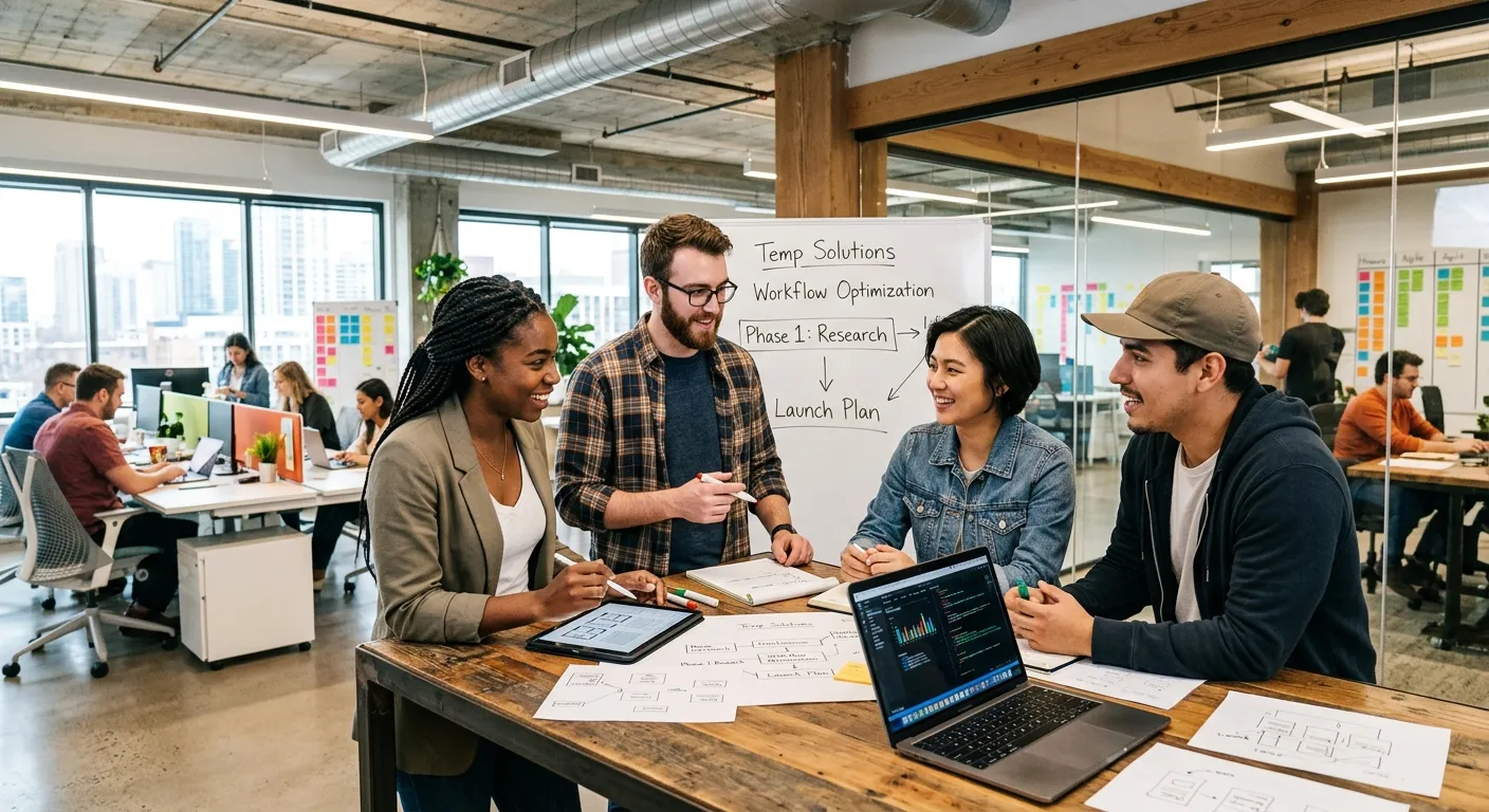 A modern, diverse group of professional temporary workers collaborating in a bright, open-plan office or light industrial setting. Style is professional, energetic, and forward-thinking. Mood is dynamic and solution-oriented.