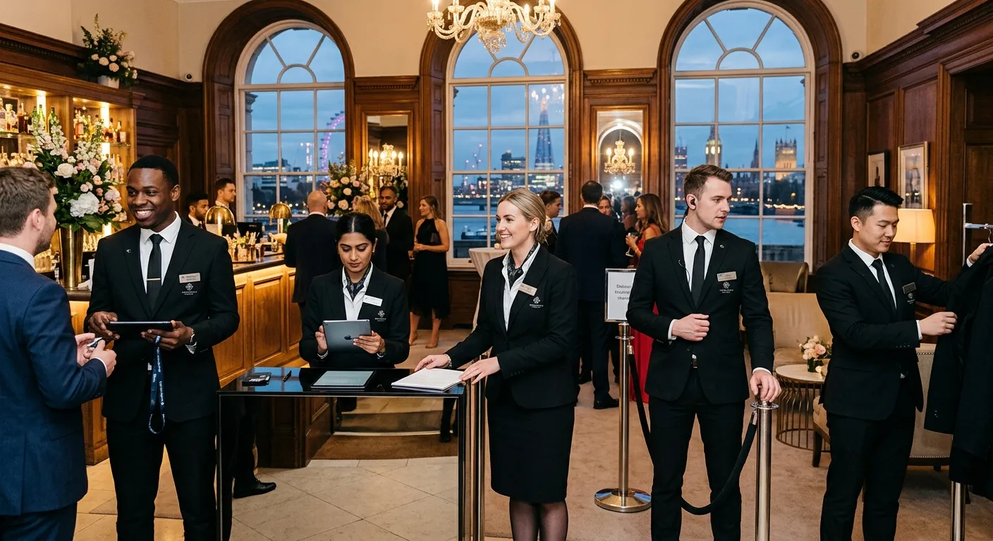 A dynamic, professional shot of a diverse team of event staff in London, impeccably dressed, working... A dynamic, professional shot of a diverse team of event staff in London, impeccably dressed, working seamlessly at a high-end venue. The mood is energetic, sophisticated, and efficient.
