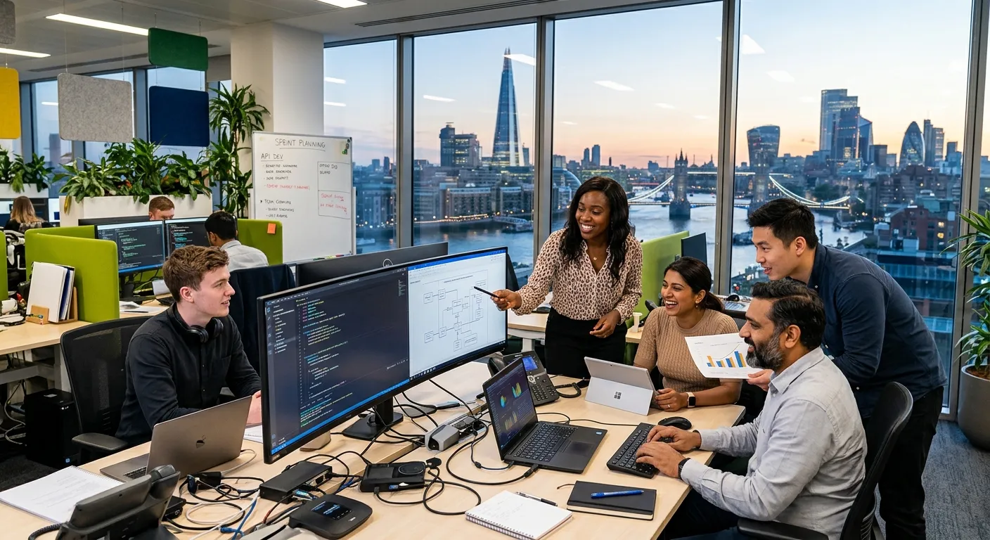 A dynamic, professional photo of a diverse team of IT professionals collaborating in a modern London... A dynamic, professional photo of a diverse team of IT professionals collaborating in a modern London office, with the city skyline visible through a window. Style: Bright, sharp, and energetic.