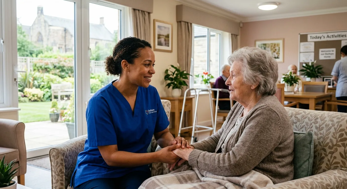 A compassionate, professional care worker assisting an elderly resident in a bright, well-kept resid... A compassionate, professional care worker assisting an elderly resident in a bright, well-kept residential care home in Durham, conveying trust, warmth, and professionalism.