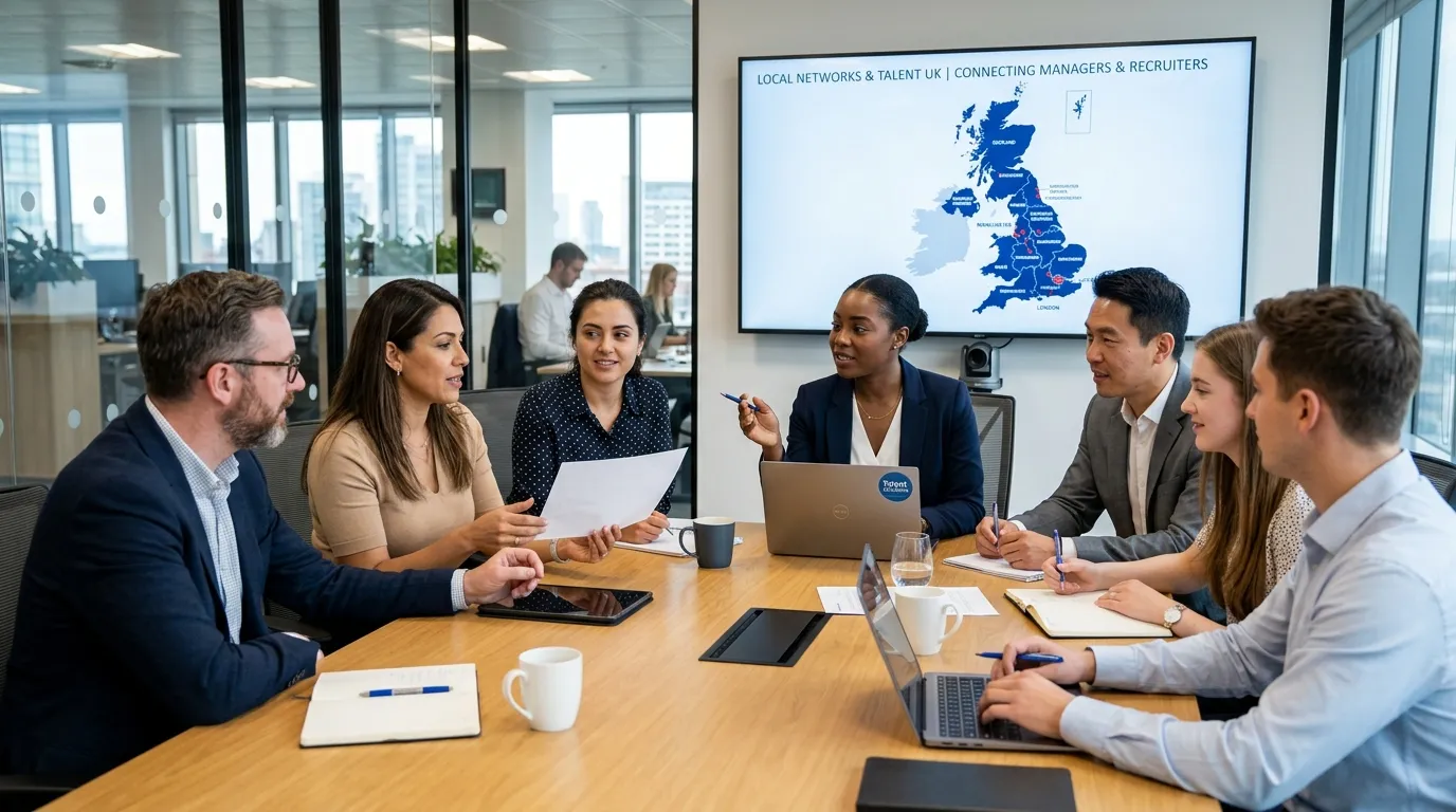 A dynamic, professional hero image showing a diverse group of business managers and recruitment cons... A dynamic, professional hero image showing a diverse group of business managers and recruitment consultants collaborating in a modern office, with a map of the UK on a screen in the background, highlighting local connections. Style: Professional, vibrant, and confident. Mood: Collaborative, efficient, and solution-oriented.