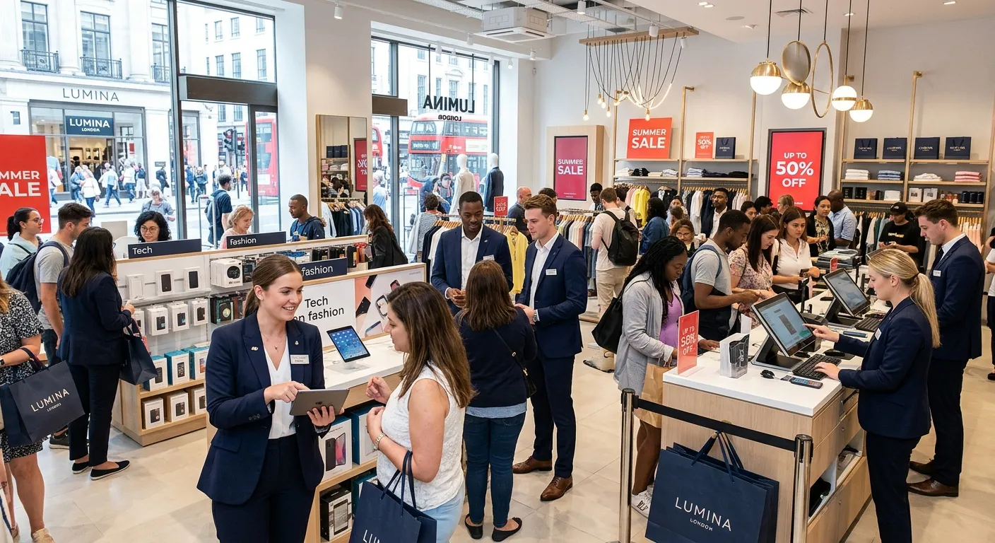 A modern, bright retail store in London during a busy sale period. Well-dressed, professional tempor... A modern, bright retail store in London during a busy sale period. Well-dressed, professional temporary staff are assisting customers, demonstrating product features, and operating sleek tills. The atmosphere is efficient and upscale.