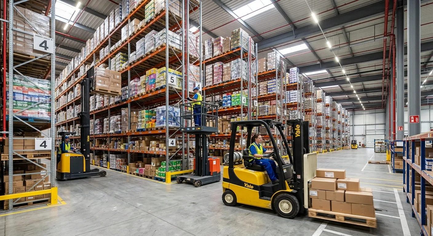 A modern, high-bay warehouse in action, with workers efficiently operating forklifts and picking ord... A modern, high-bay warehouse in action, with workers efficiently operating forklifts and picking orders from tall shelving. Professional, bright, and dynamic mood.