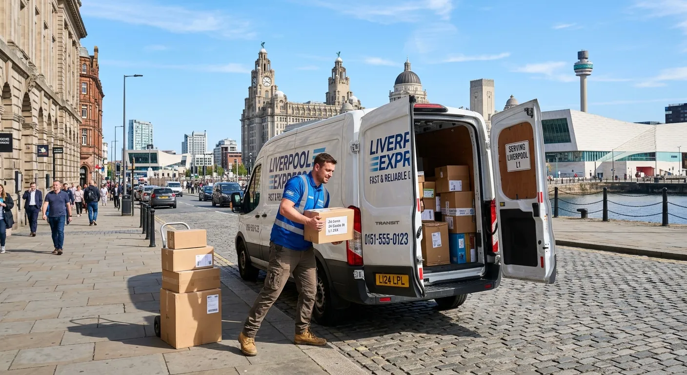 A professional, high-energy image of a multi-drop van driver in Liverpool L1, efficiently loading pa... A professional, high-energy image of a multi-drop van driver in Liverpool L1, efficiently loading packages into a branded van with the Liverpool city skyline in the background, sunny day.
