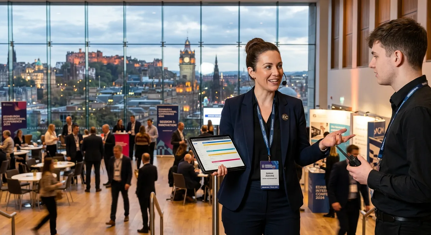A professional, dynamic image showing an Event Coordinator in action at a conference in Edinburgh. The scene is modern, with the individual managing a digital tablet and communicating with a team. The Edinburgh skyline is subtly visible in the background, establishing location.