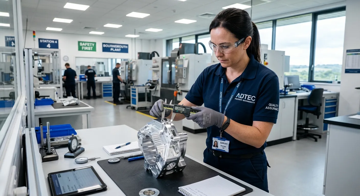 A professional Quality Control Inspector in a high-tech manufacturing environment in Bournemouth, we... A professional Quality Control Inspector in a high-tech manufacturing environment in Bournemouth, wearing safety glasses and using a digital caliper to inspect a precision component. Style: modern, clean, and professional, highlighting attention to detail.