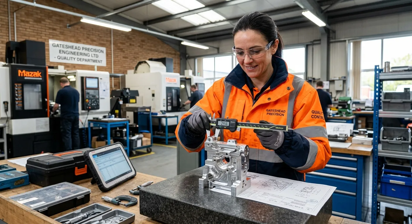 A professional, confident Quality Control Inspector in a hi-vis jacket, using a digital measuring device to inspect a precision metal component in a well-lit industrial workshop setting in Gateshead. Style: realistic, professional stock photo, high detail.