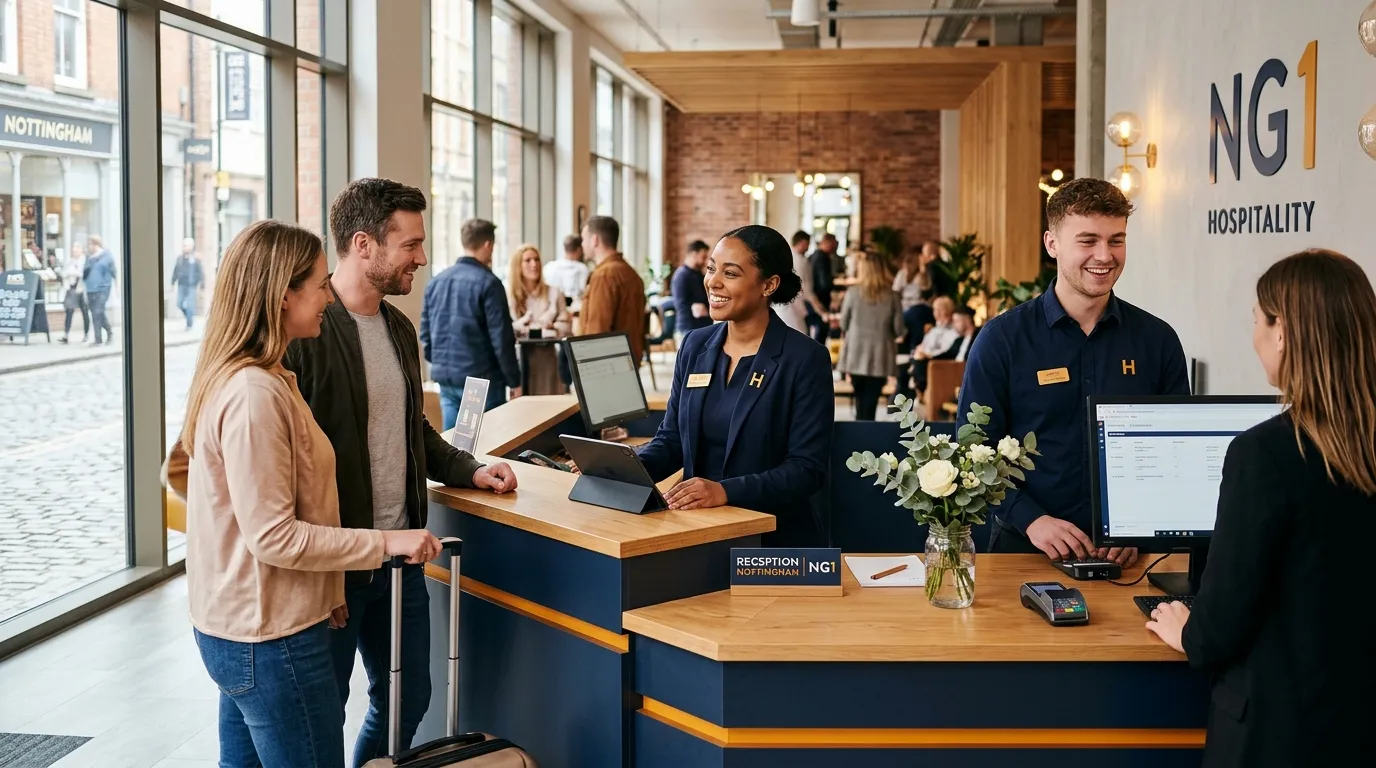 Professional hero image of friendly Front Of House Staff welcoming guests at a modern Nottingham NG1 hospitality venue, bright natural light, navy and amber brand accents, confident staff smiling, clean reception desk, busy but organised atmosphere, premium recruitment website style