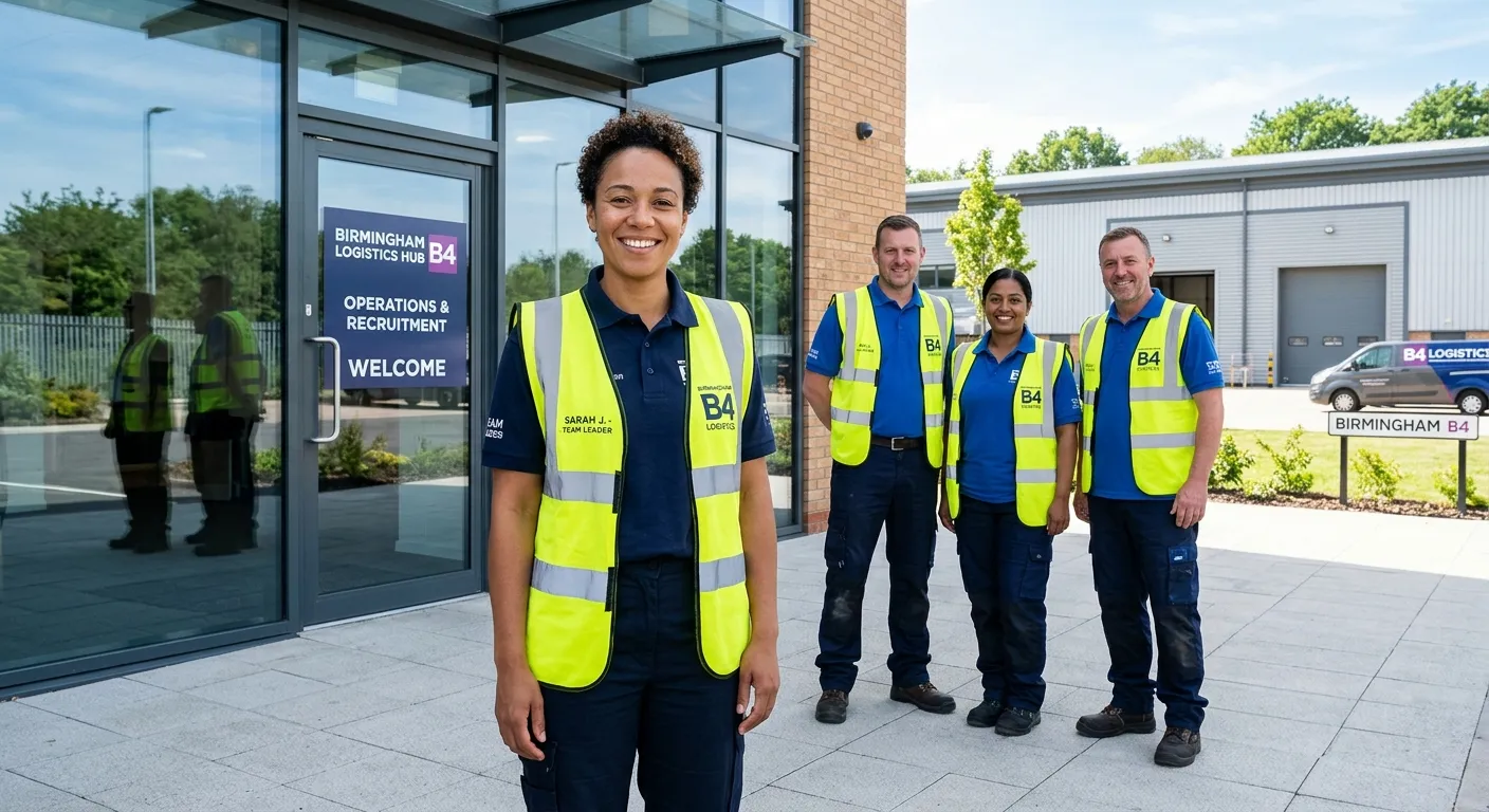 A professional, welcoming photo of a confident Team Leader in Birmingham B4 standing with a small operational team near a modern facility entrance, wearing smart workwear and hi-vis, with bright natural daylight, clean industrial surroundings, and a trustworthy recruitment atmosphere.
