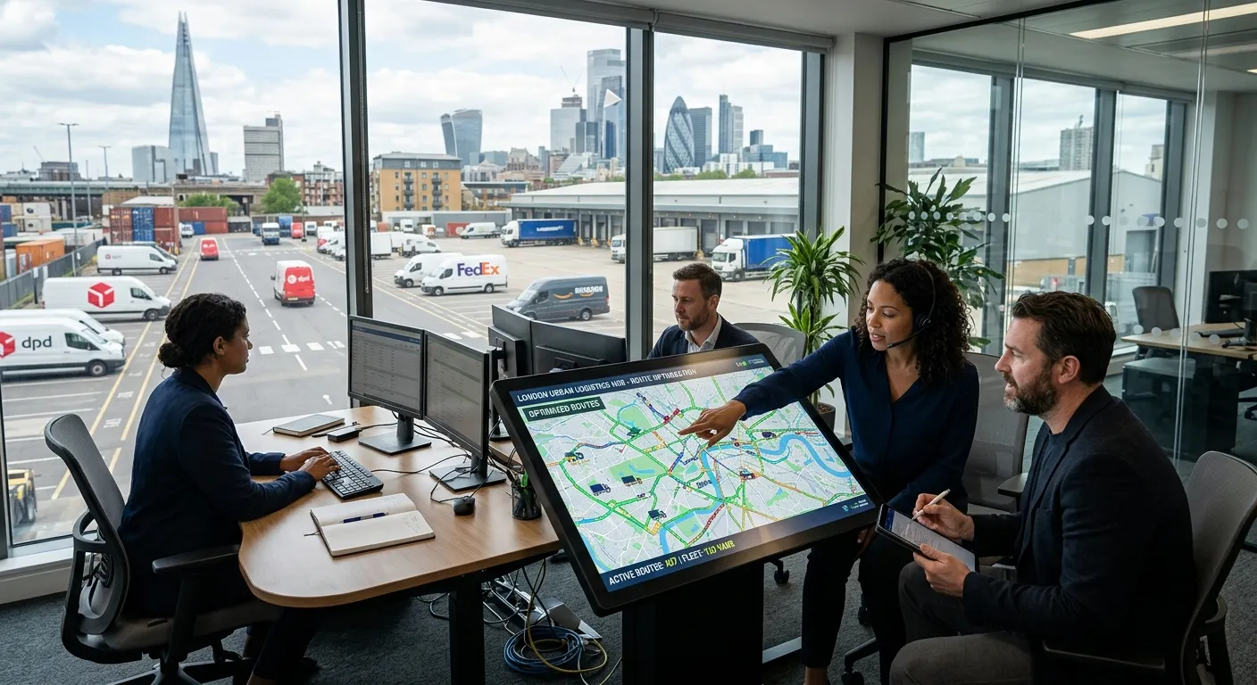 A professional, dynamic image of a modern urban logistics hub in London, with planners at work using... A professional, dynamic image of a modern urban logistics hub in London, with planners at work using digital mapping software, showing efficient transport and routing solutions.