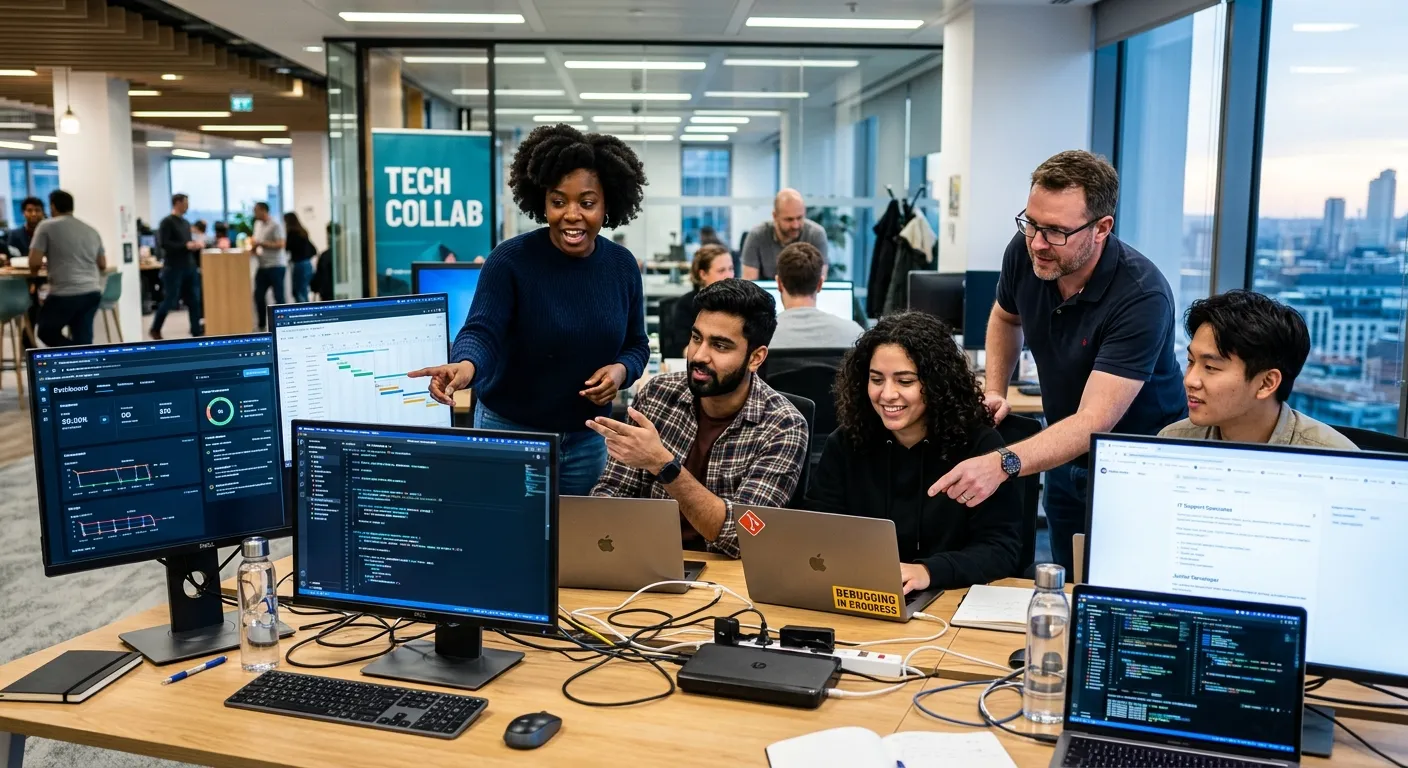A dynamic, high-contrast photo of a modern, diverse tech team collaborating in a bright office. A mi... A dynamic, high-contrast photo of a modern, diverse tech team collaborating in a bright office. A mix of developers, IT support, and project managers are shown looking at multiple screens, with a focus on technology and teamwork.