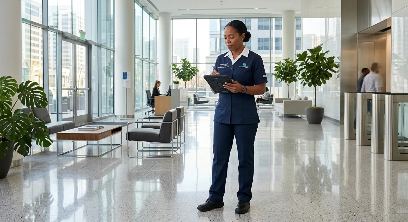 A professional Housekeeping Supervisor in a crisp uniform, using a tablet to conduct a morning inspe... A professional Housekeeping Supervisor in a crisp uniform, using a tablet to conduct a morning inspection in a modern, sunlit corporate office lobby with polished floors.