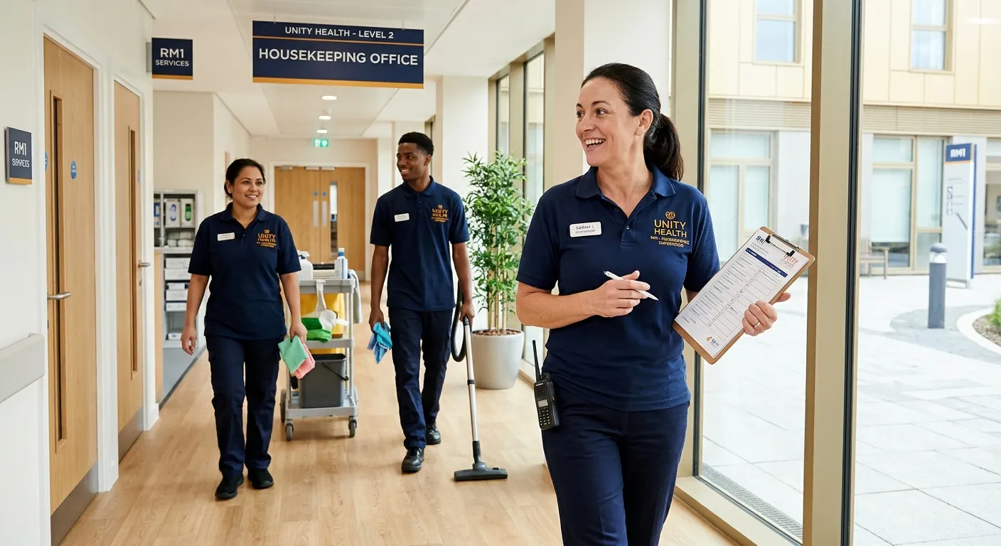 Professional photo of a confident Housekeeping Supervisor leading a small cleaning team in a bright... Professional photo of a confident Housekeeping Supervisor leading a small cleaning team in a bright Romford RM1 workplace, modern facilities, warm natural light, navy and amber branding accents, practical uniforms, tidy corridors, welcoming and trustworthy mood