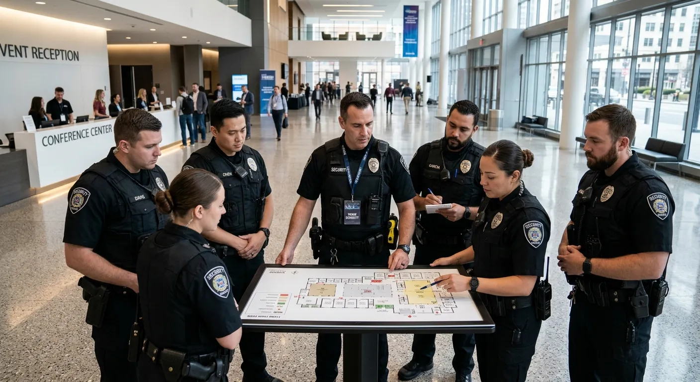 A group of professional event security officers in uniform gathered for a briefing inside a modern v... A group of professional event security officers in uniform gathered for a briefing inside a modern venue lobby, looking at a floor plan.