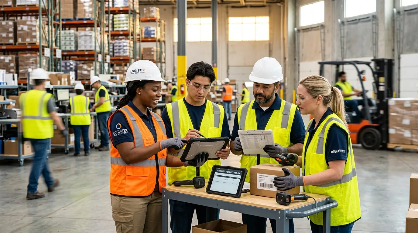 A dynamic, professional hero image showing a diverse team of industrial temporary workers in high-visibility vests collaborating efficiently in a modern, clean warehouse or light industrial setting. The mood is energetic, competent, and forward-looking, with a focus on teamwork and technology.