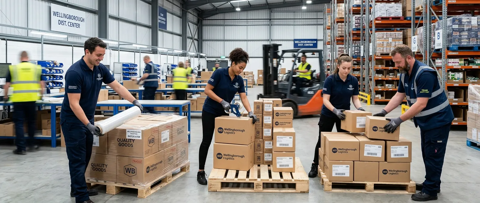 A professional and dynamic hero image showing a team of production packers in a clean, modern warehouse environment in Wellingborough, efficiently packing goods onto pallets. The mood is energetic, focused, and professional, highlighting teamwork and quality.