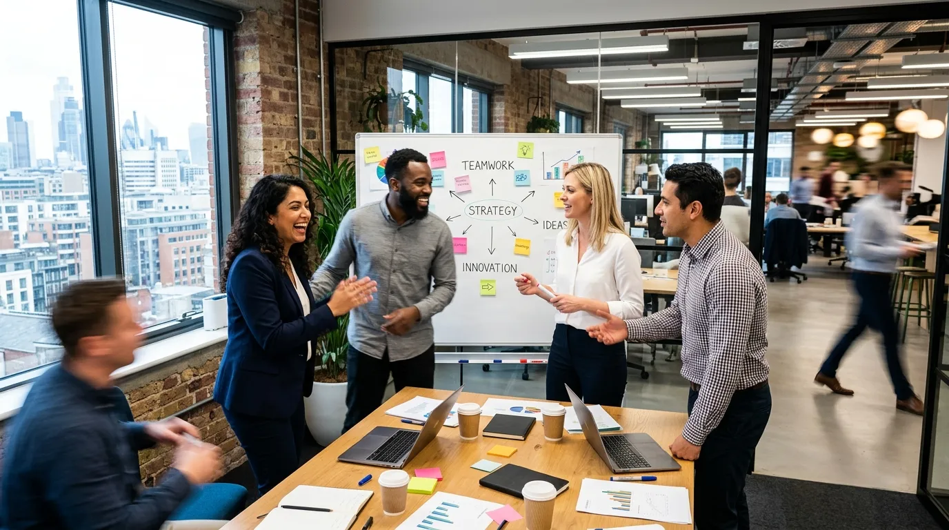 A dynamic, high-energy hero image showing a diverse group of professionals collaborating in a modern... A dynamic, high-energy hero image showing a diverse group of professionals collaborating in a modern office, with a slight motion blur effect to convey action and partnership.