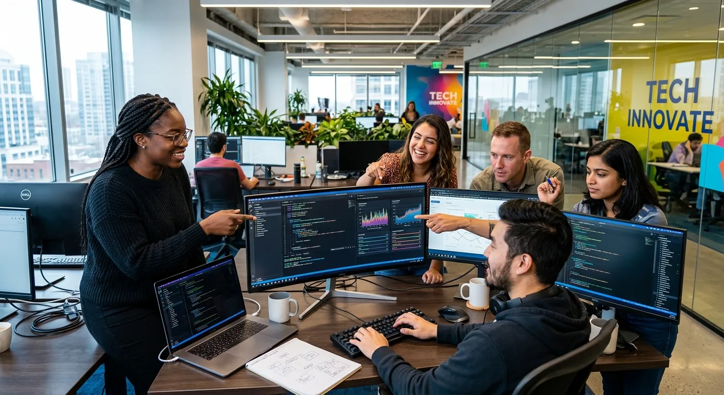 A dynamic, high-energy photo of a diverse team of modern IT professionals collaborating in a bright,... A dynamic, high-energy photo of a diverse team of modern IT professionals collaborating in a bright, open-plan office. They are gathered around multiple monitors displaying code and data visualizations. Style: Professional, vibrant, and future-focused.