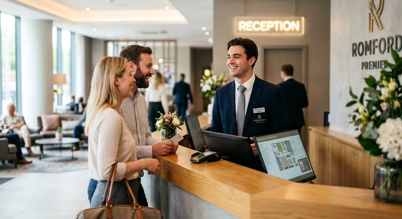 Professional, welcoming Front of House staff member in a modern hotel or corporate reception area in... Professional, welcoming Front of House staff member in a modern hotel or corporate reception area in Romford, interacting with guests with a warm smile. Bright, professional atmosphere with soft focus background.