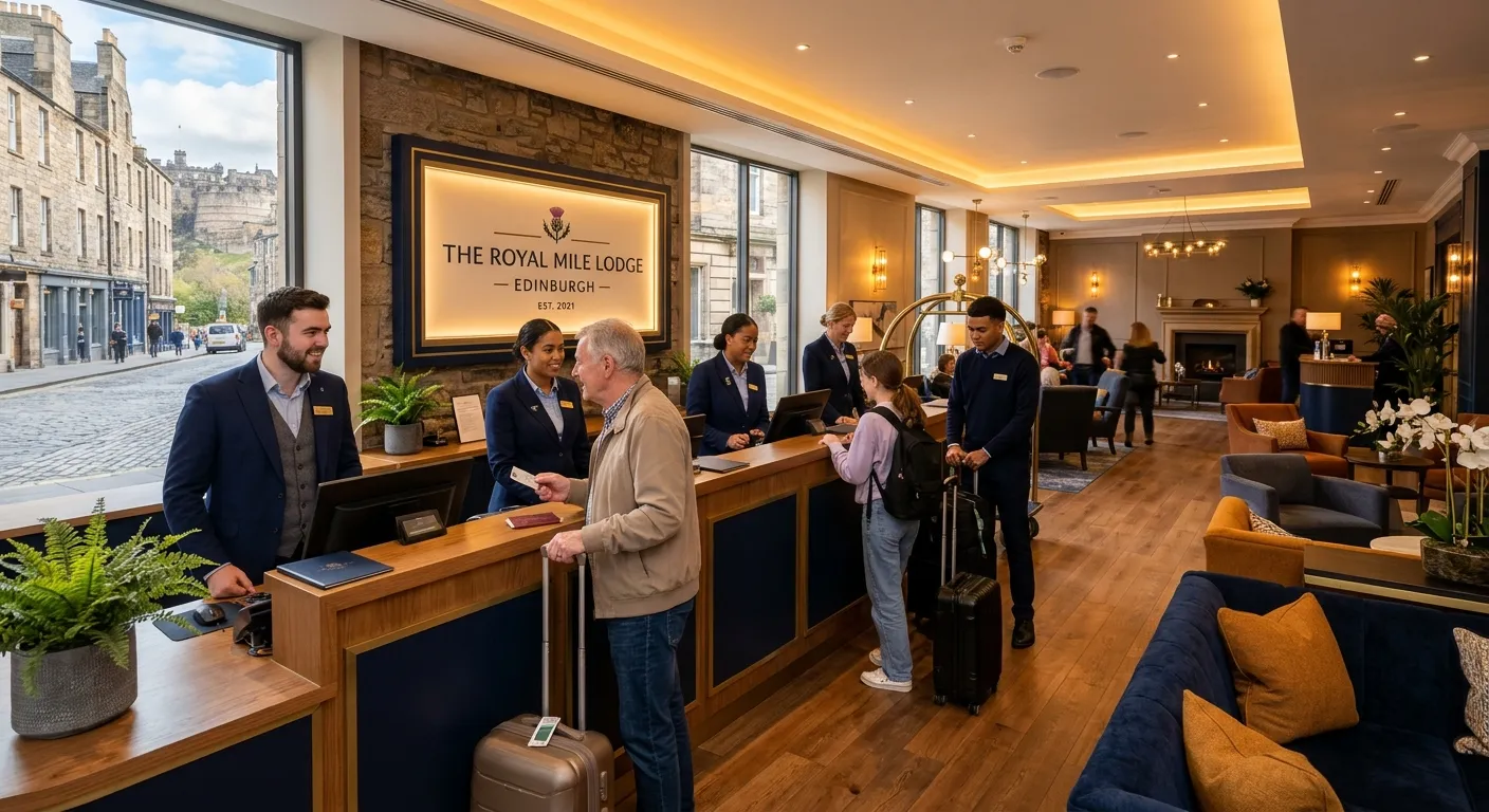 A bright, welcoming hotel lobby in Edinburgh EH1 with a diverse Front Of House Staff team wearing pr... A bright, welcoming hotel lobby in Edinburgh EH1 with a diverse Front Of House Staff team wearing professional uniforms, assisting guests near reception, warm amber lighting, navy accents, modern hospitality atmosphere, photorealistic