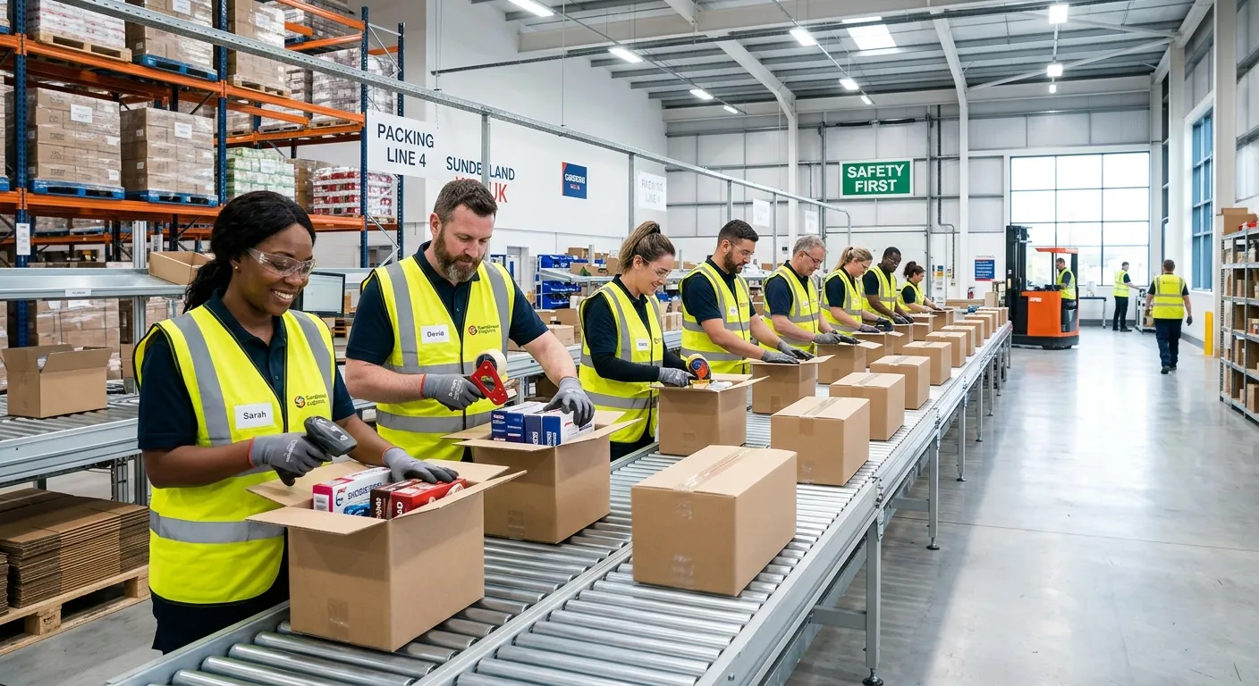 A professional, diverse team of production packers in a modern, clean warehouse environment in Sunde... A professional, diverse team of production packers in a modern, clean warehouse environment in Sunderland, wearing high-visibility vests, efficiently packing goods on a conveyor line. The mood is productive, focused, and safe.