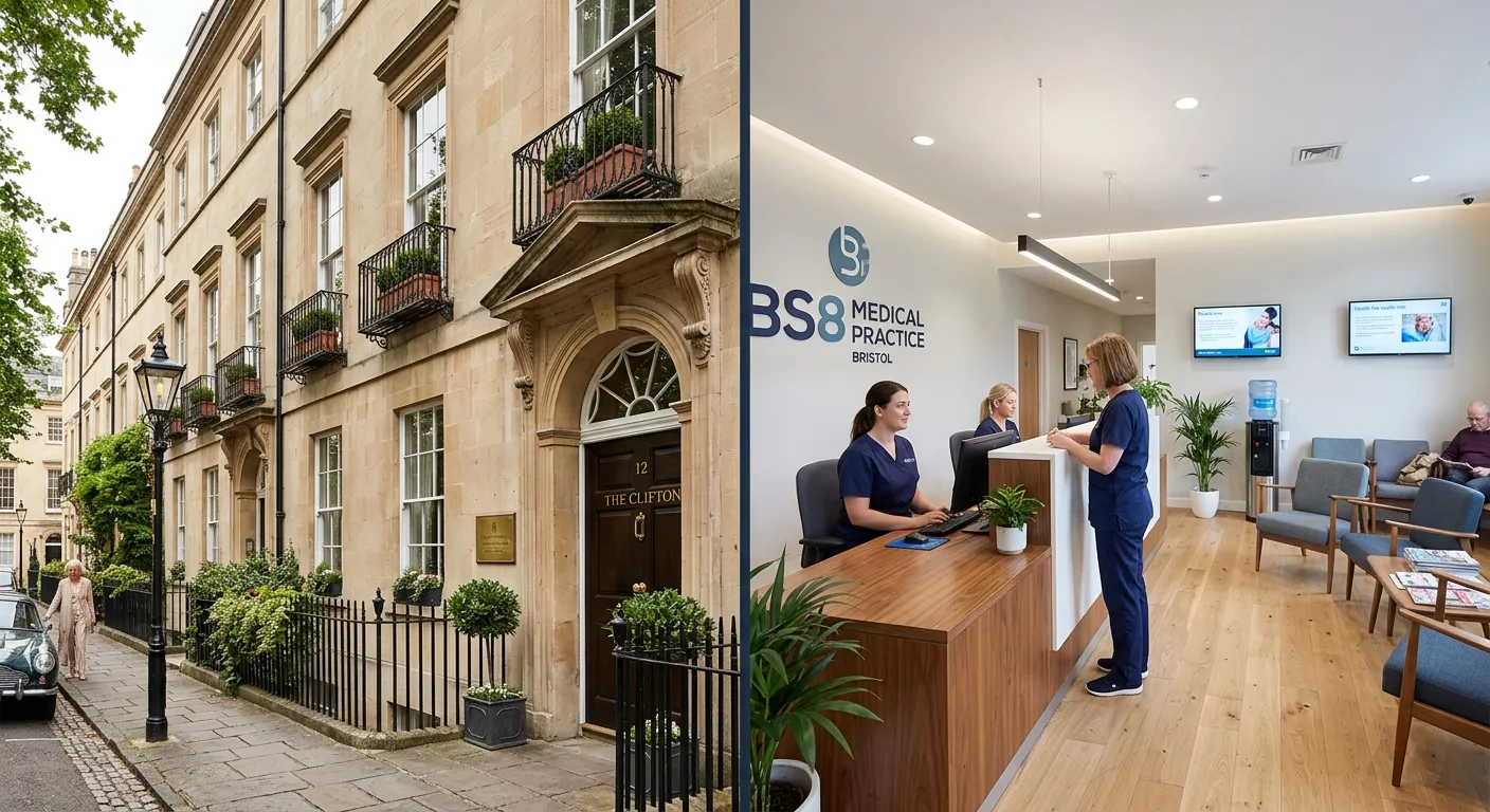 A split-image showing the elegant exterior of a Clifton boutique hotel on one side and the sleek, professional reception area of a Bristol BS8 medical practice on the other