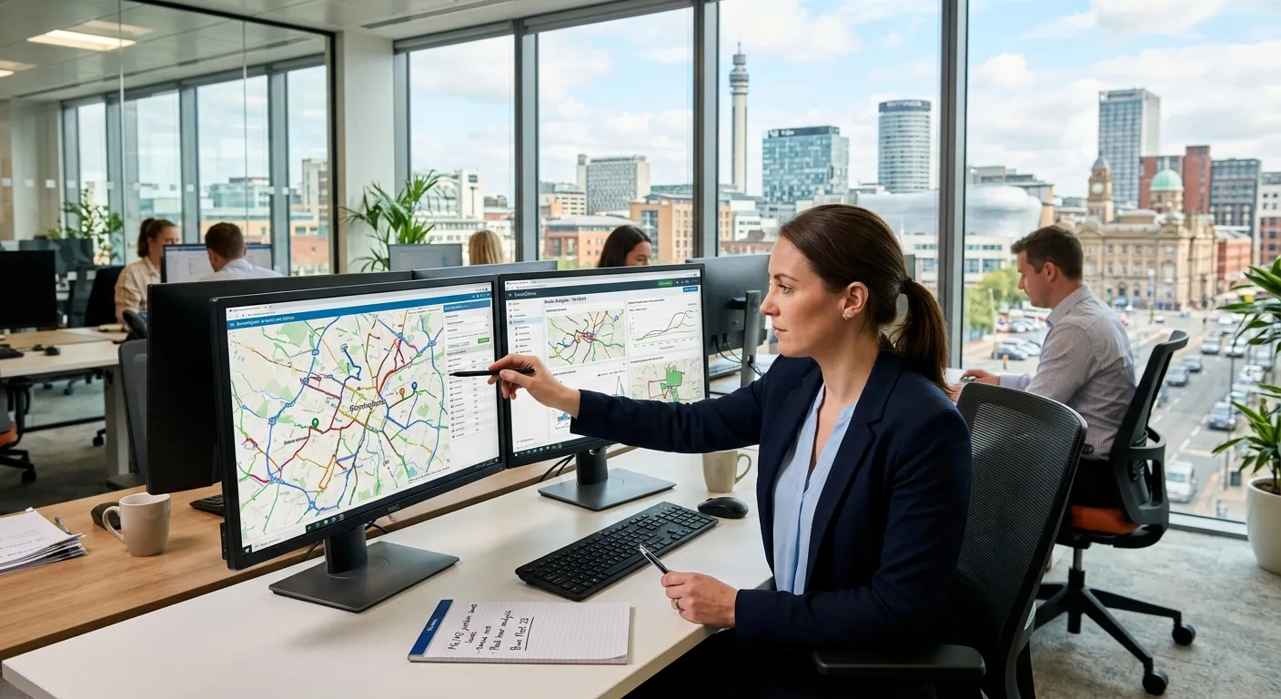 A professional Transport Planner in a modern logistics office in Birmingham, analysing route maps on... A professional Transport Planner in a modern logistics office in Birmingham, analysing route maps on dual monitors, with a cityscape view of Birmingham in the background. Style: professional, bright, focused.