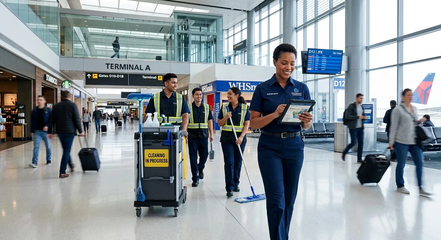 A professional, high-energy shot of a Housekeeping Supervisor in a modern airport terminal, confiden... A professional, high-energy shot of a Housekeeping Supervisor in a modern airport terminal, confidently leading a team of cleaners. They are checking a tablet, with pristine floors and a busy concourse in the background. Style: Corporate, clean, and aspirational.