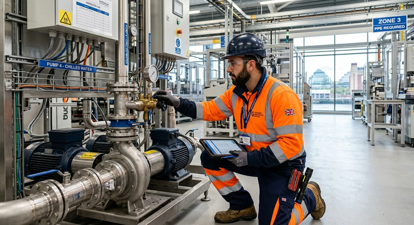 Professional, action-oriented image of a Maintenance Operative in high-visibility clothing, carrying out a routine inspection on industrial equipment within a modern, well-maintained commercial facility in Gateshead. The operative looks focused and skilled.