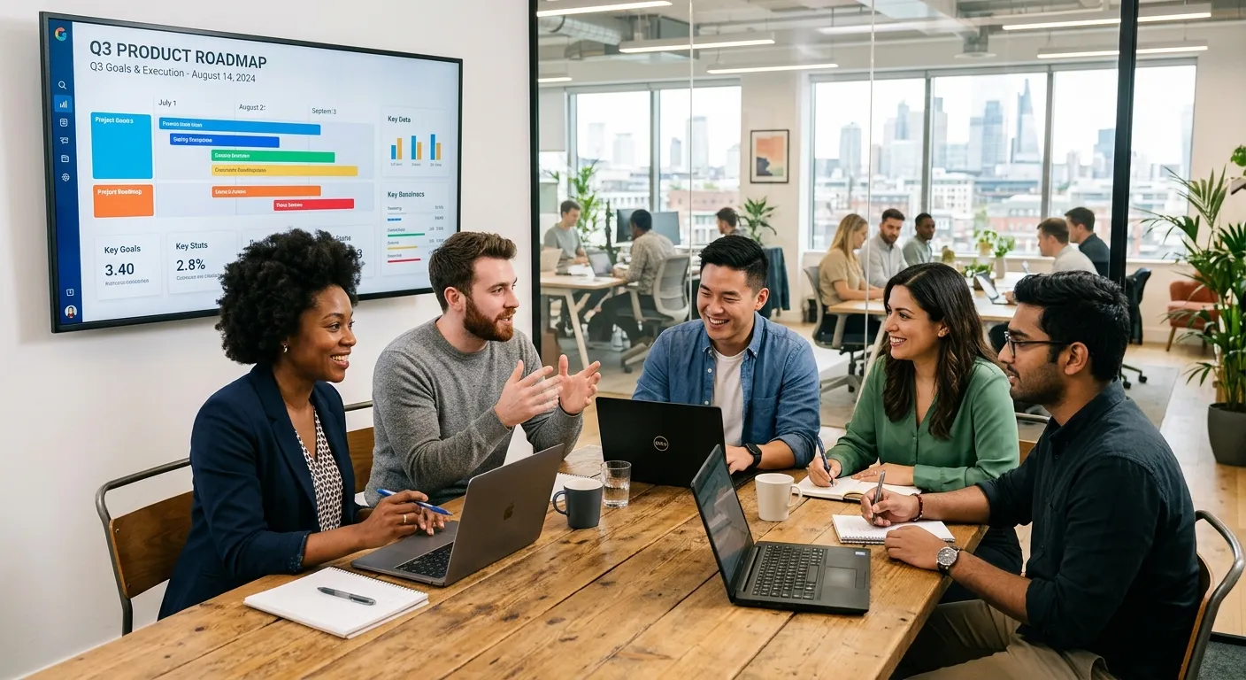 Modern, diverse office team collaborating in a bright, professional workspace with laptops and meeting screens, style: professional business photography, mood: energetic and productive
