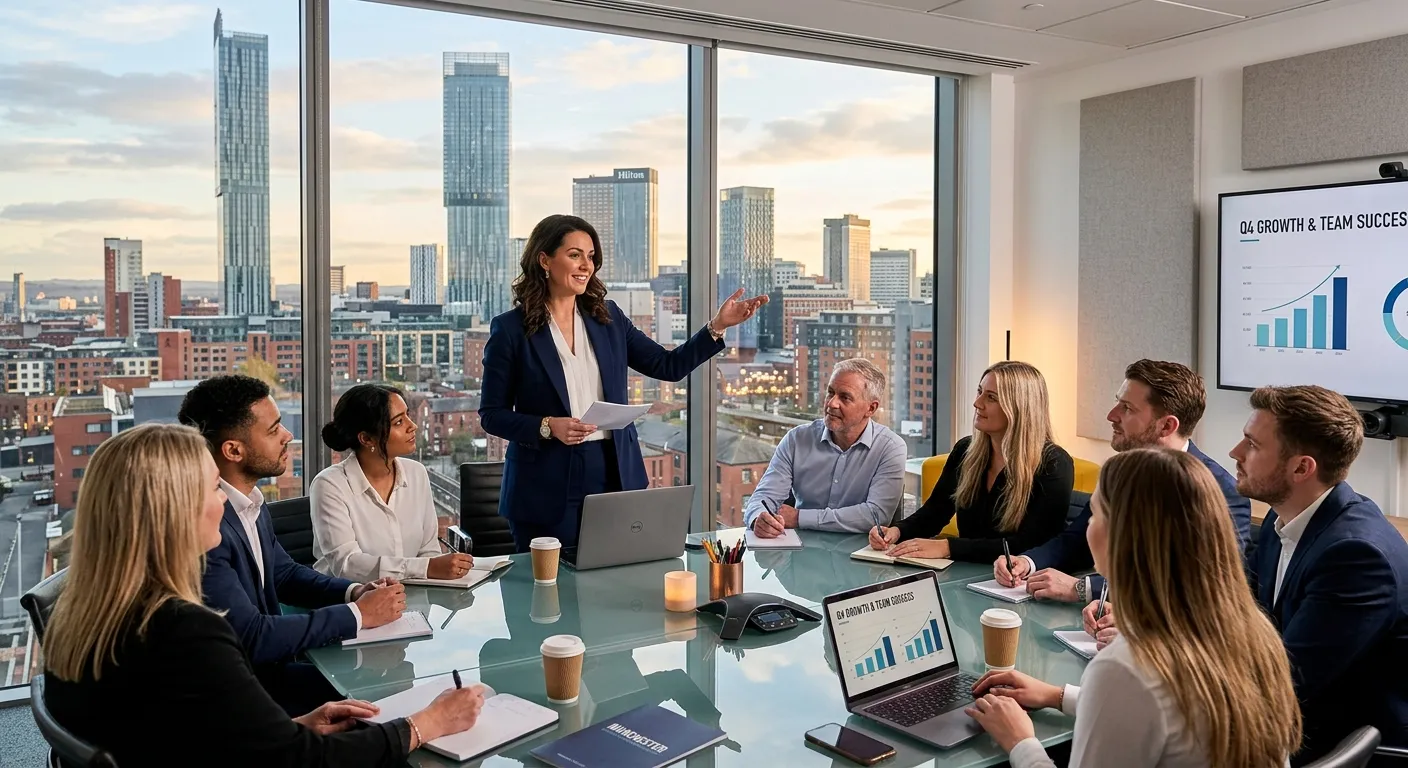 Professional Team Leader in a modern Manchester office or event space, confidently leading a team me... Professional Team Leader in a modern Manchester office or event space, confidently leading a team meeting with a cityscape view in the background. Style: Corporate, inspiring, professional. Mood: Authoritative, collaborative, successful.