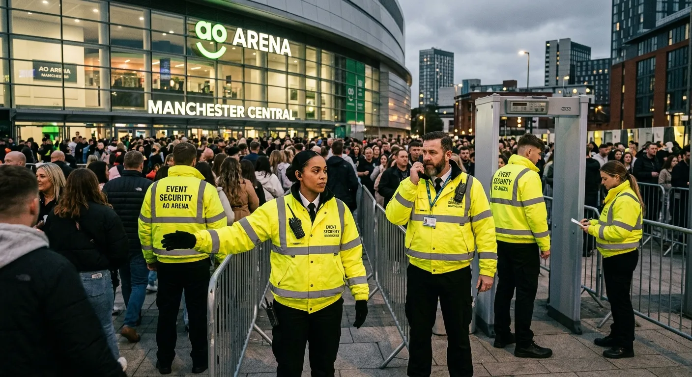 Professional, confident Event Security personnel in high-visibility jackets managing a crowd at a mo... Professional, confident Event Security personnel in high-visibility jackets managing a crowd at a modern Manchester event venue, such as the AO Arena or Manchester Central. The image should convey safety, authority, and teamwork, with a slightly desaturated, professional tone.