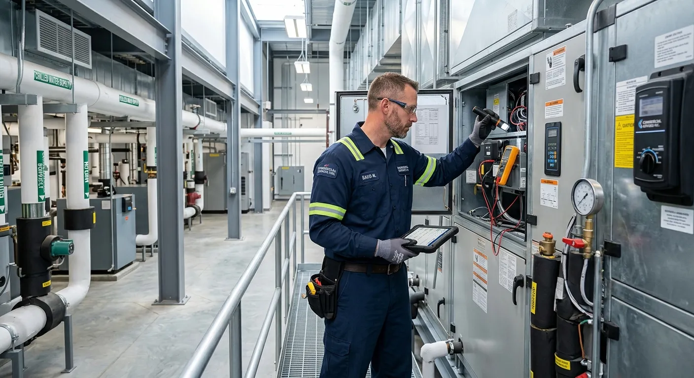 Professional Maintenance Operative inspecting HVAC system in commercial building, modern uniform, well-lit facility, professional atmosphere