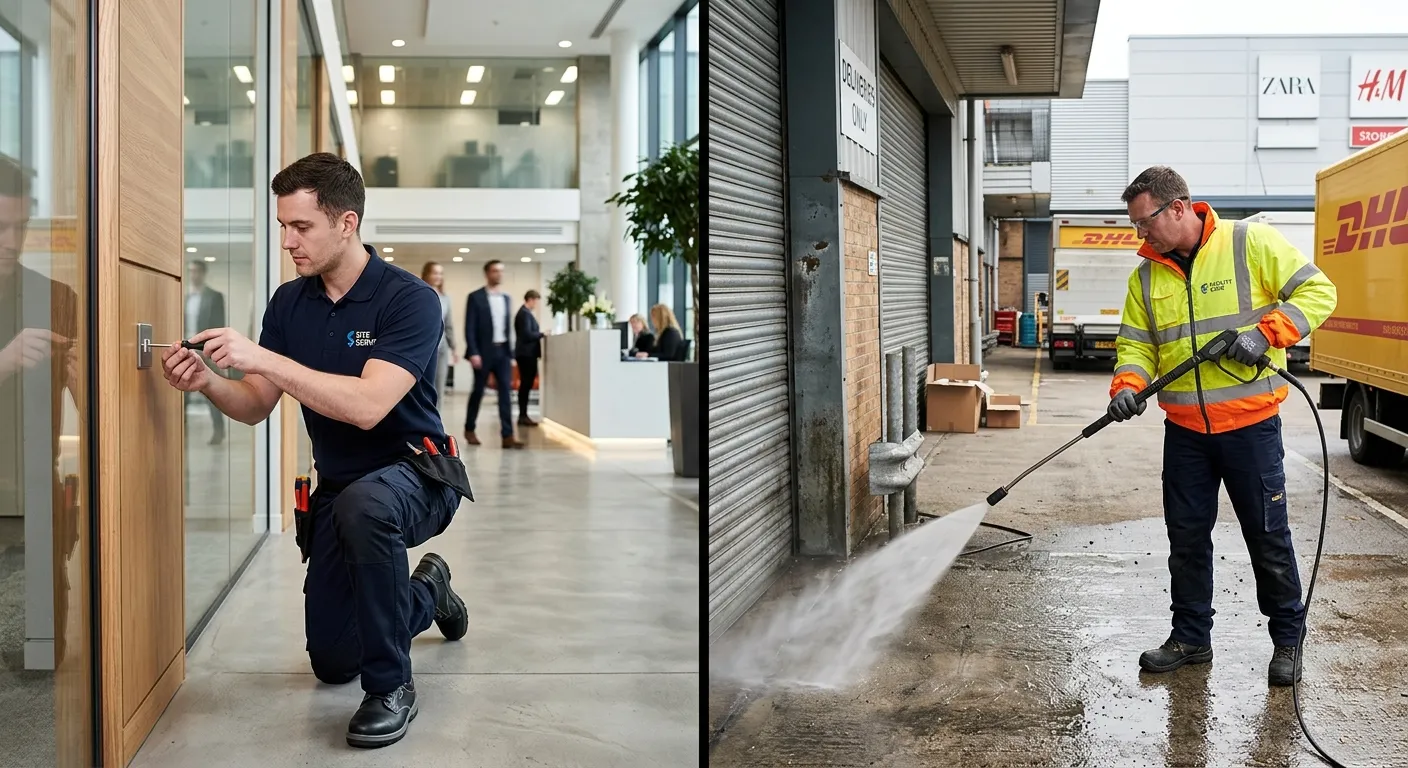 A split-screen image showing a maintenance operative in smart attire fixing a light switch in a modern office lobby on the left, and another operative in high-visibility clothing using a pressure washer in a retail centre loading bay on the right.