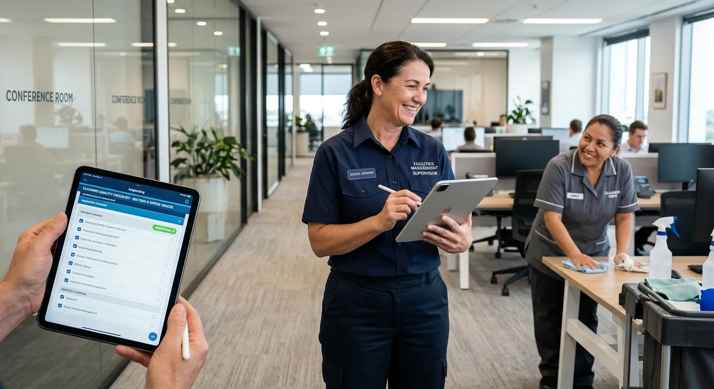 A professional Housekeeping Supervisor in a corporate office setting, using a tablet to conduct a quality inspection, smiling and interacting with a cleaner in the background.