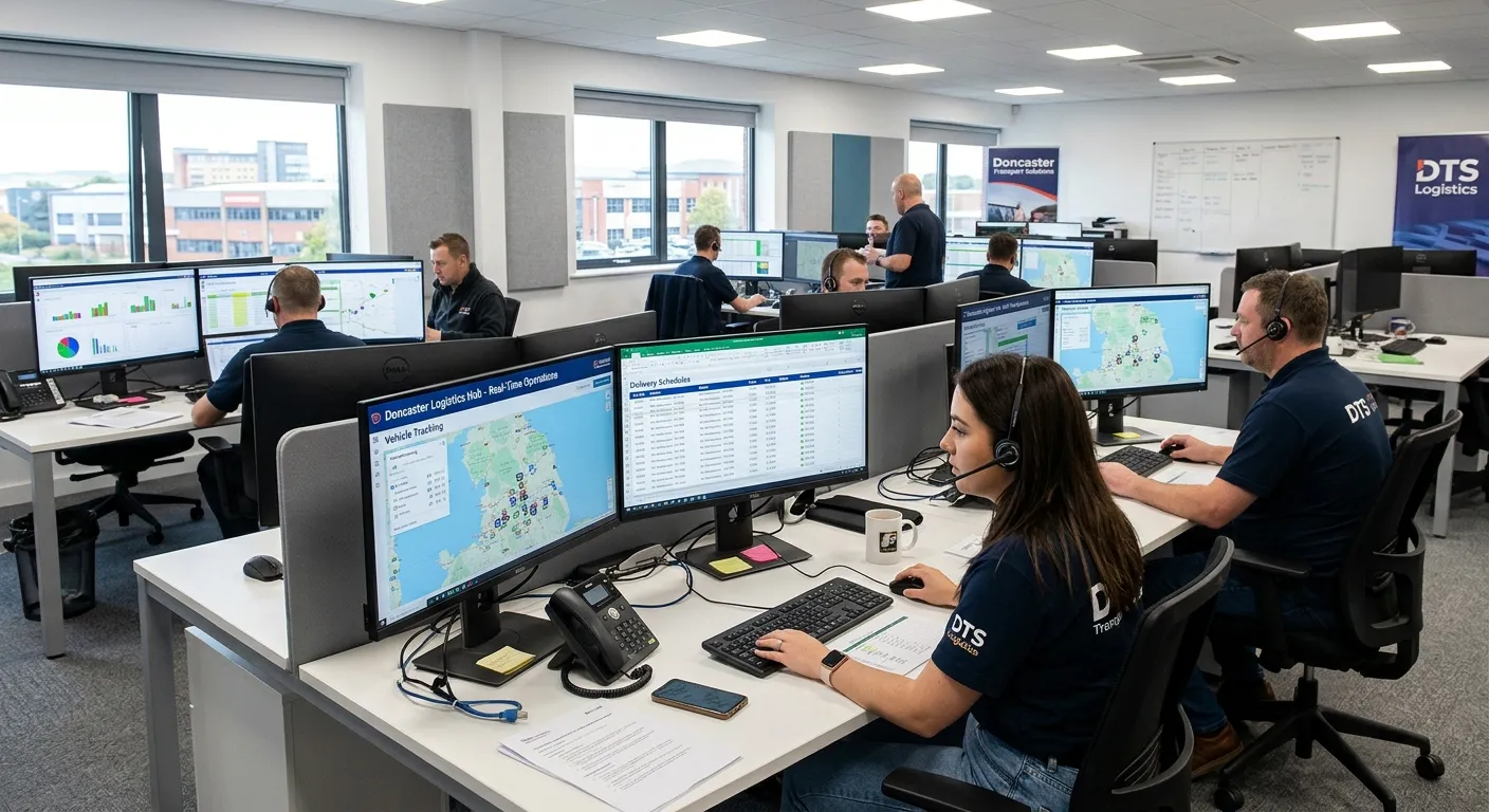 A modern logistics transport office in Doncaster, showing planners working at desks with multiple co... A modern logistics transport office in Doncaster, showing planners working at desks with multiple computer screens displaying route maps, vehicle tracking software, and delivery schedules