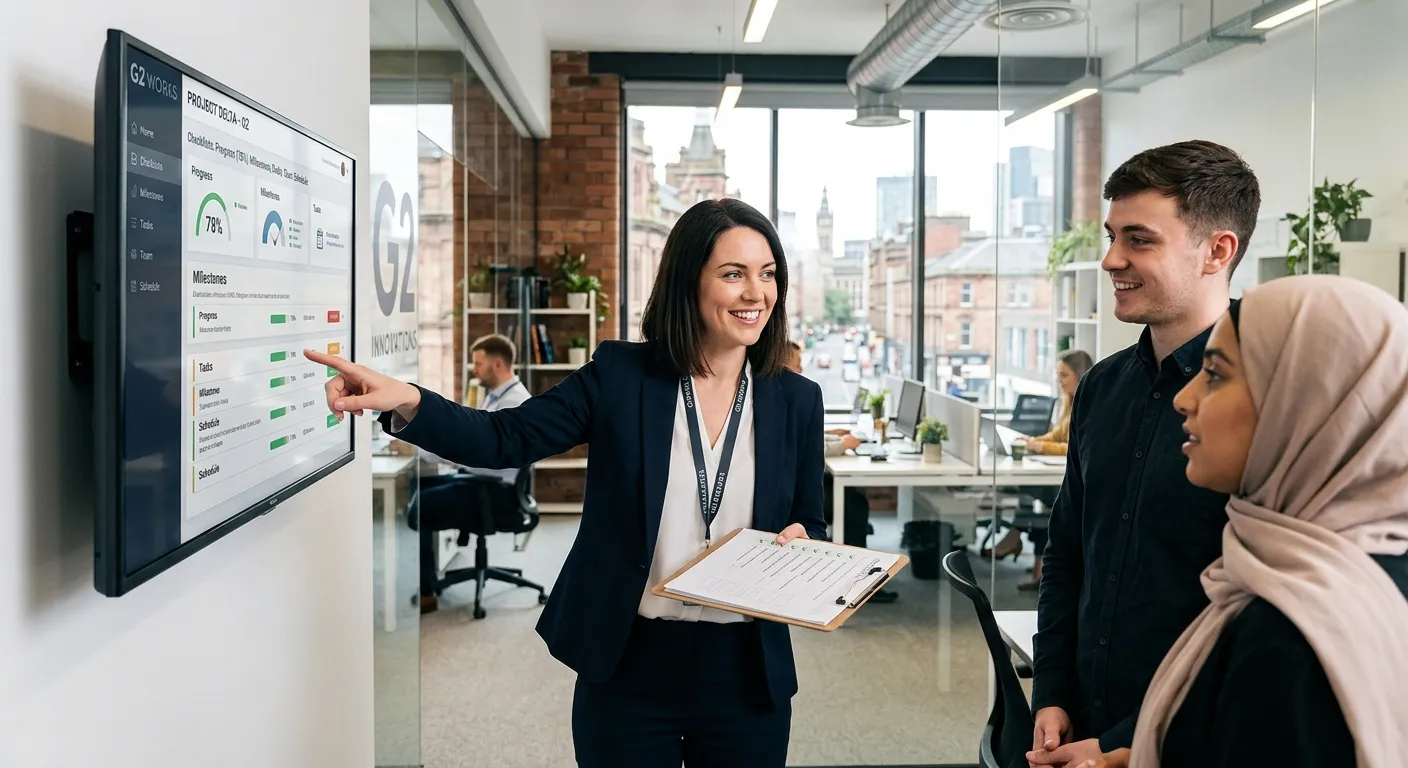 A professional, confident-looking Team Leader in a modern Glasgow G2 office or light-industrial sett... A professional, confident-looking Team Leader in a modern Glasgow G2 office or light-industrial setting, smiling and guiding a small team. They are pointing to a data screen or checklist, conveying leadership and organisation. Style: professional stock photo, bright, aspirational mood.