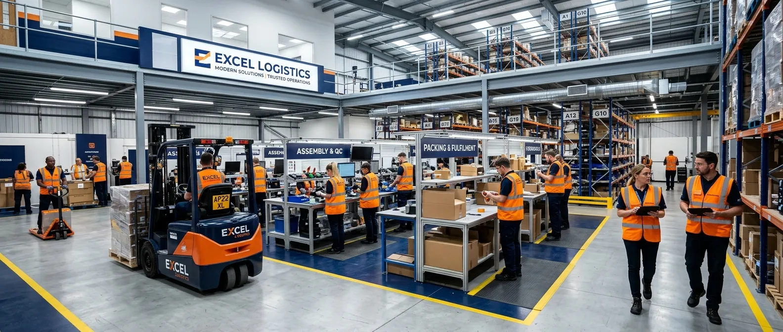 Modern, high-contrast hero image of a clean UK light industrial facility featuring warehouse operati... Modern, high-contrast hero image of a clean UK light industrial facility featuring warehouse operatives, assembly workers, packers, and supervisors in amber high-visibility vests, with deep navy branding accents, professional enterprise mood, bright lighting, and a trustworthy operational atmosphere