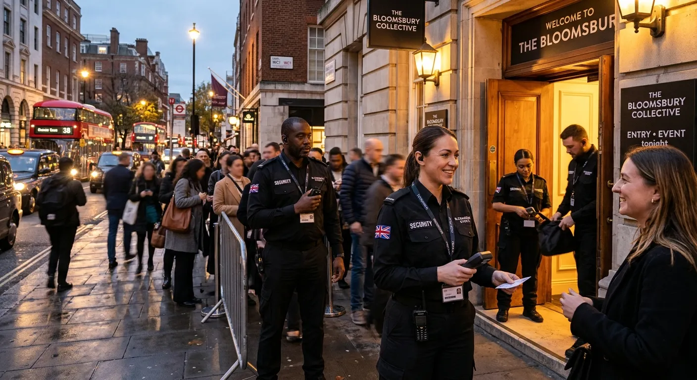Professional event security team in dark uniforms managing entry at a busy London WC1 venue, amber lighting, confident, modern, trustworthy, photorealistic