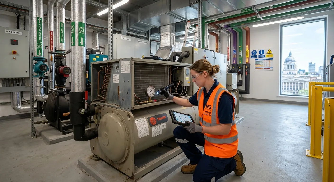 A professional Maintenance Operative in a high-visibility vest, conducting a routine inspection on commercial HVAC equipment in a modern building plant room in Nottingham, showcasing a proactive and skilled approach.