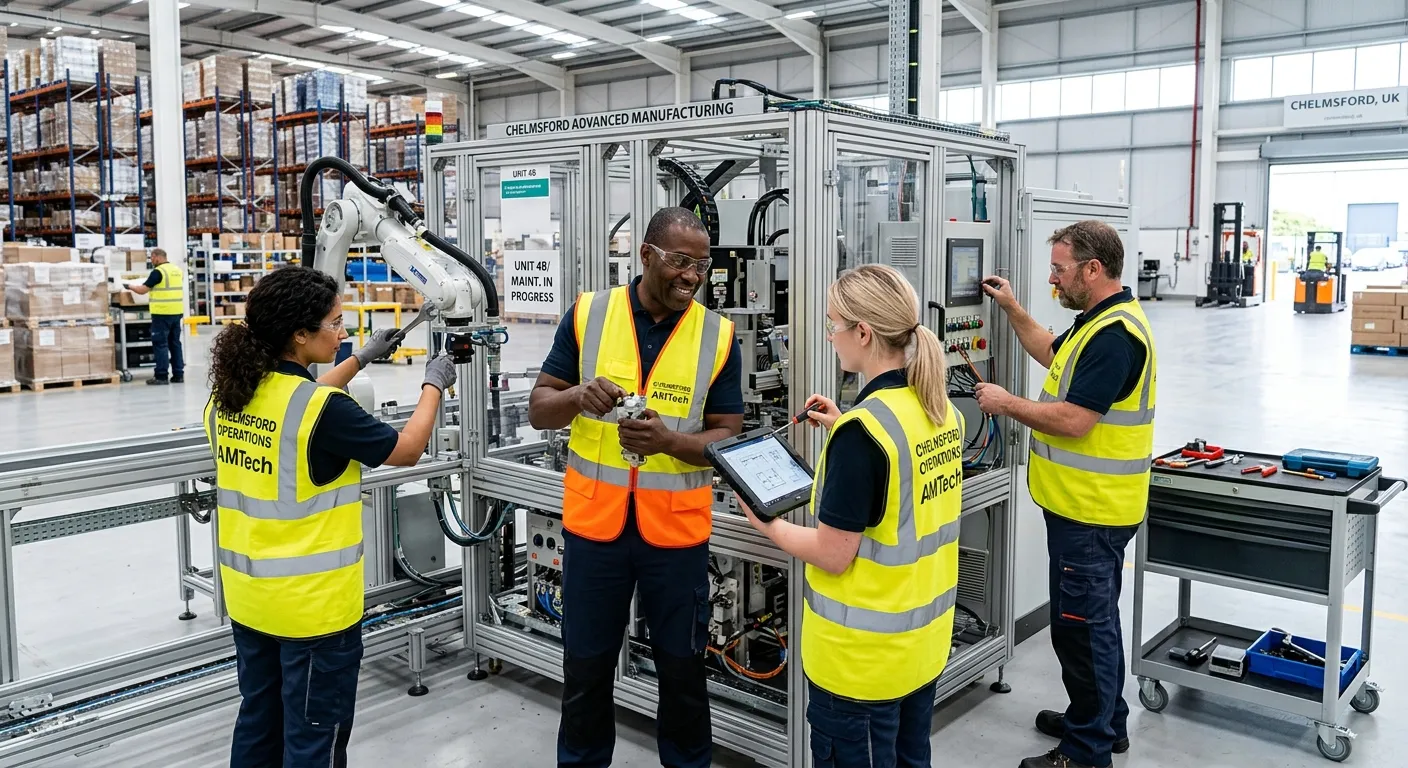 A professional, diverse team of maintenance operatives in high-visibility vests, working collaborati... A professional, diverse team of maintenance operatives in high-visibility vests, working collaboratively on industrial equipment in a clean, well-lit warehouse or factory setting in Chelmsford. Style: modern, authentic, and aspirational.