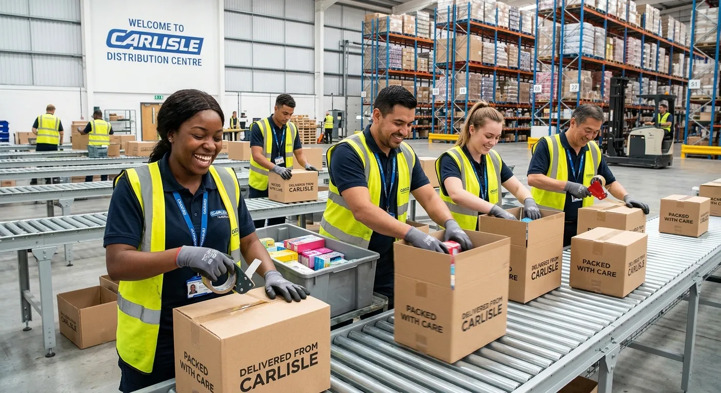 A professional, high-energy photograph of a diverse team of Production Packers in a modern, clean warehouse environment in Carlisle. They are efficiently packing products into boxes on a conveyor line, smiling and collaborating. Style: Bright, realistic, professional stock photo conveying teamwork and efficiency.