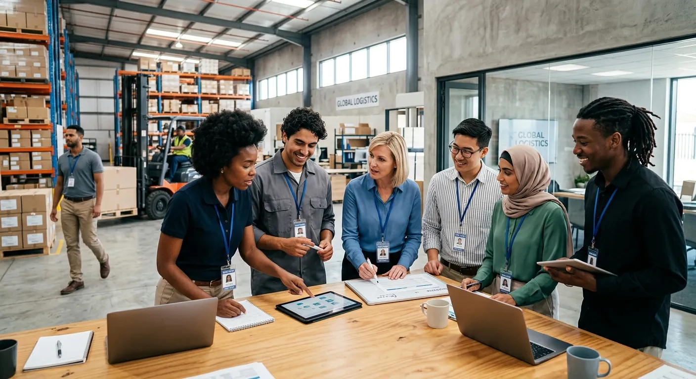 A professional, diverse group of temporary workers in a modern warehouse or office setting, looking... A professional, diverse group of temporary workers in a modern warehouse or office setting, looking engaged and collaborative. Style: Bright, high-contrast business photography. Mood: Efficient, dynamic, and professional.