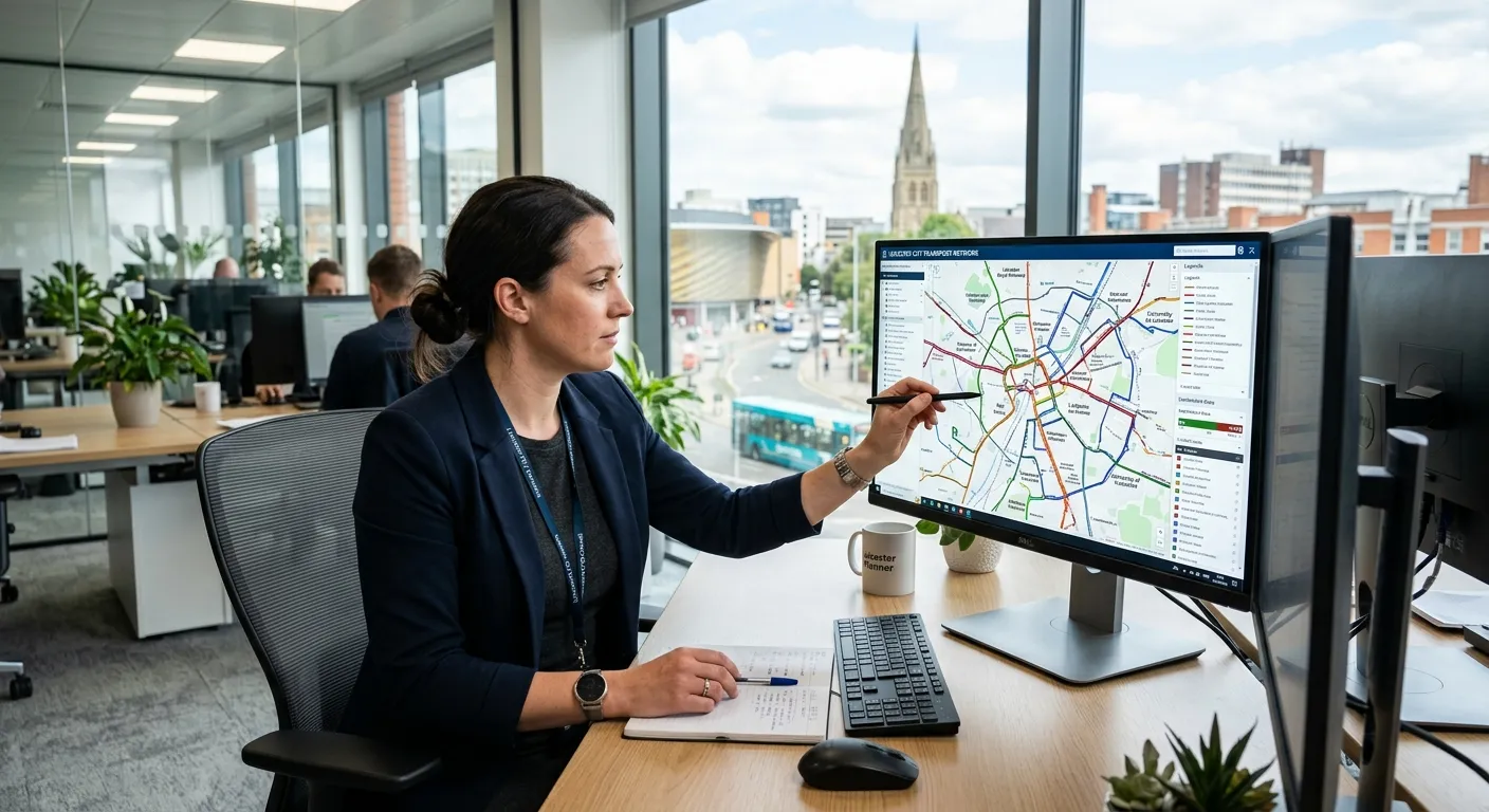 A professional, mid-shot of a Transport Planner in a modern office environment, reviewing a digital... A professional, mid-shot of a Transport Planner in a modern office environment, reviewing a digital route map on a large monitor. The style should be bright, professional, and focused, with a Leicester cityscape subtly visible through a window.