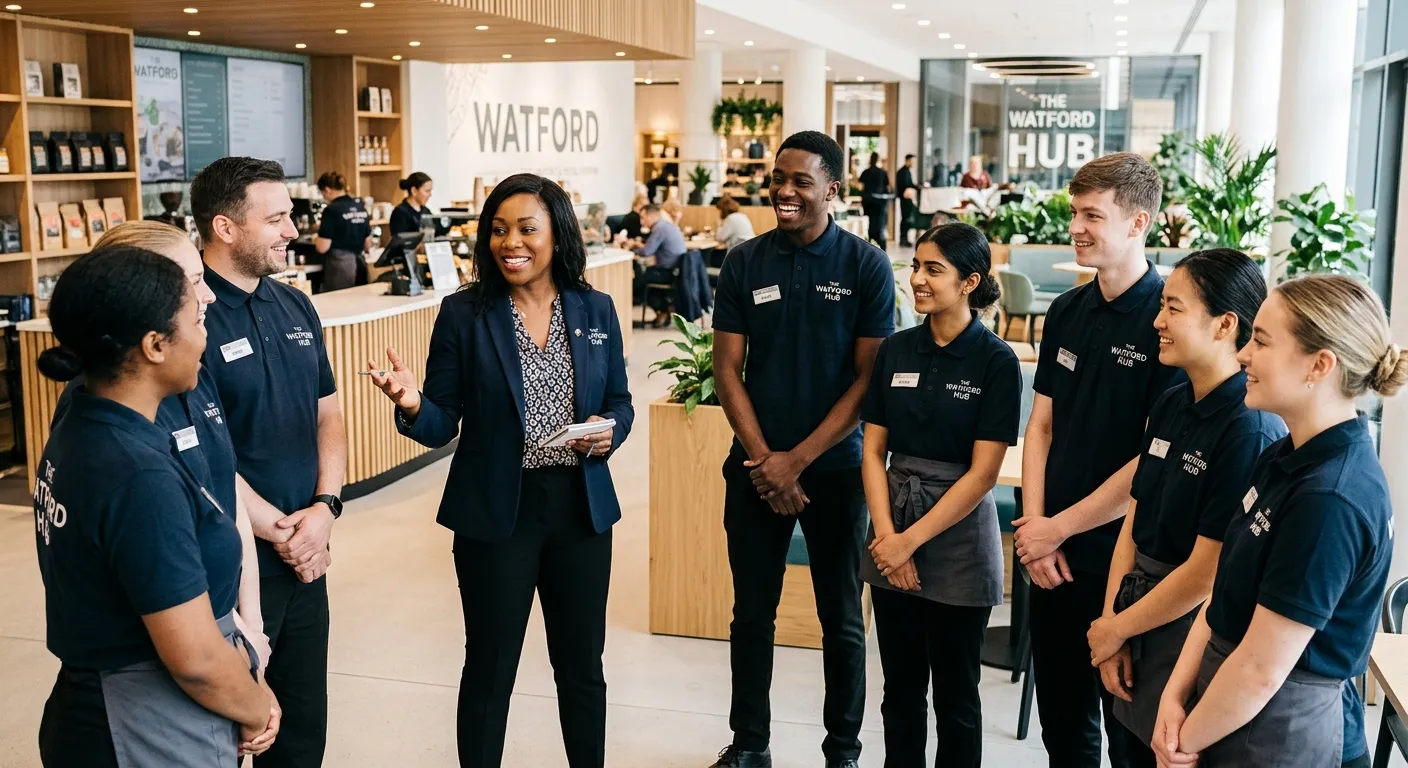 A professional, diverse team of Front Of House Staff in a modern Watford hospitality or retail setti... A professional, diverse team of Front Of House Staff in a modern Watford hospitality or retail setting, being led by a confident Team Leader in a meeting. Style: Bright, energetic, corporate. Mood: Leadership, collaboration, success.