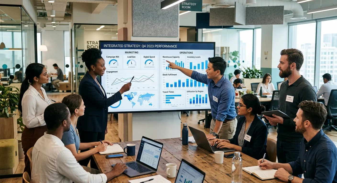 A diverse team of marketing professionals and operations managers collaborating in a modern office, looking at a large screen displaying campaign analytics alongside warehouse capacity graphs, symbolizing integrated business strategy.