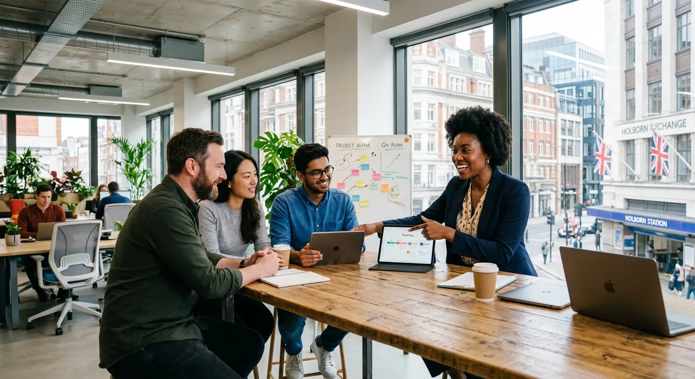 A diverse team of professionals in a modern office or light industrial setting in Holborn, looking engaged and collaborative. The Team Leader is shown giving direction, smiling, and pointing to a tablet. Professional, bright, and motivational mood.