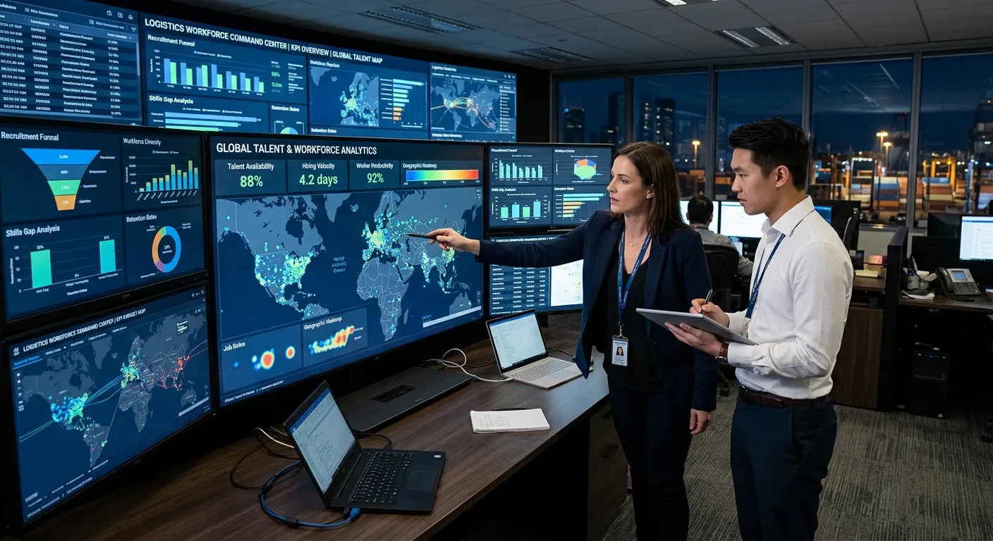 A modern logistics control room with multiple data screens showing workforce analytics, KPIs, and ge... A modern logistics control room with multiple data screens showing workforce analytics, KPIs, and geographic talent maps, with a manager and recruitment consultant reviewing the data together.