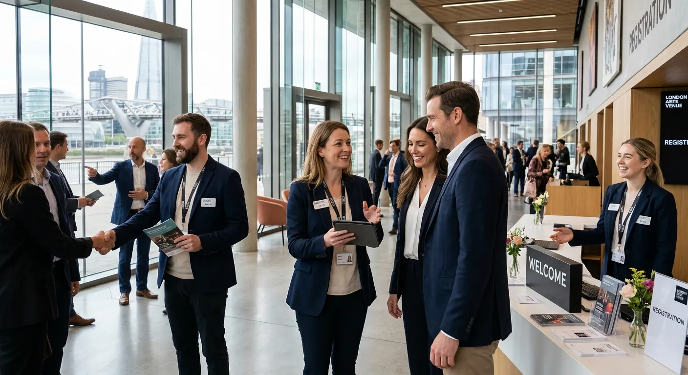 Professional, welcoming Front of House team in a modern London venue, smiling and assisting guests,... Professional, welcoming Front of House team in a modern London venue, smiling and assisting guests, bright lighting, contemporary setting